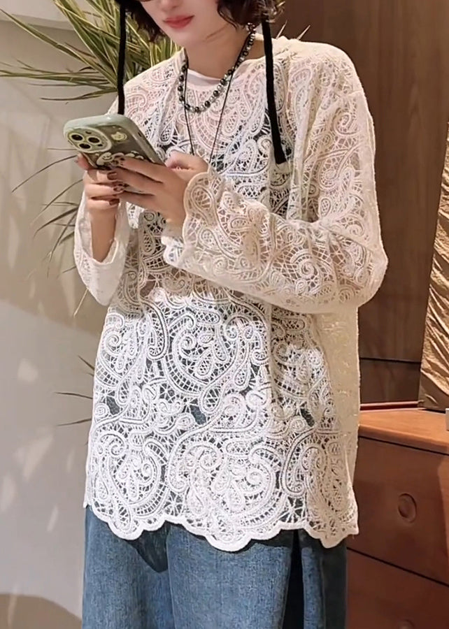 T O-Neck Spring Hollow White Out Shirt Lace Stylish