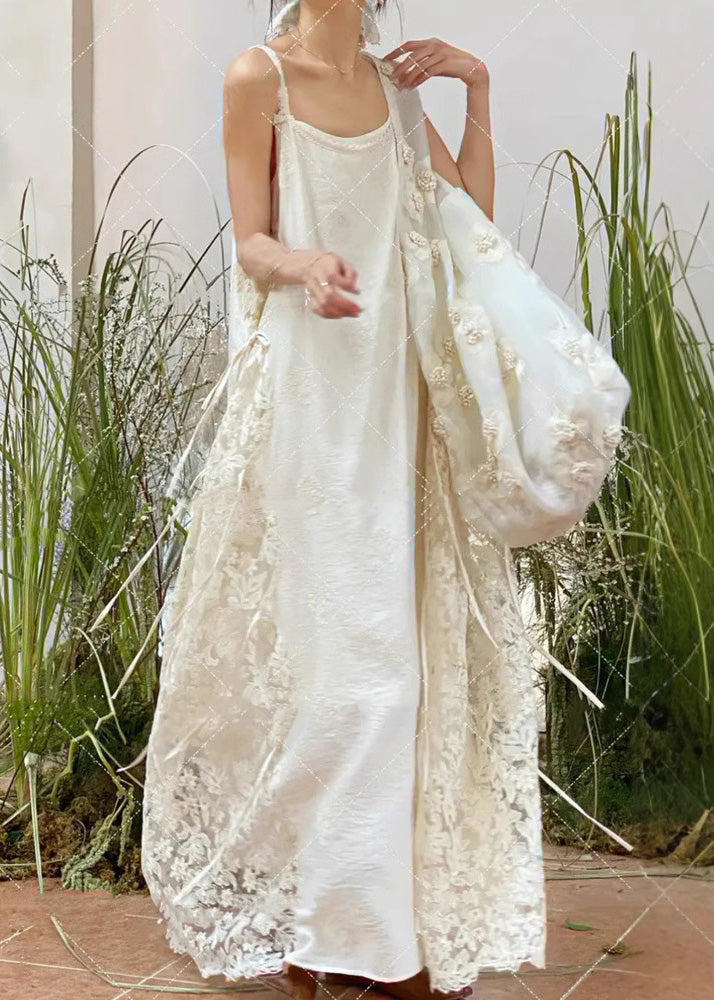 Patchwork Lace Spaghetti Oversized Dress Strap White Stylish
