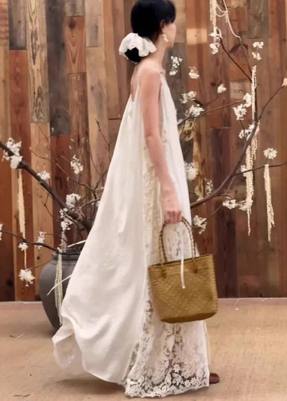 Patchwork Lace Spaghetti Oversized Dress Strap White Stylish