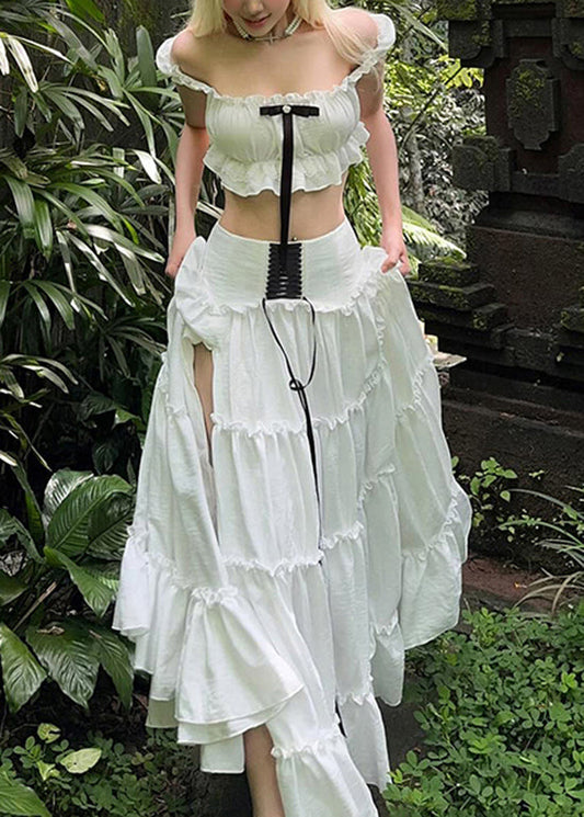 Set Ruffled Cotton Summer Patchwork White Pieces Stylish Two