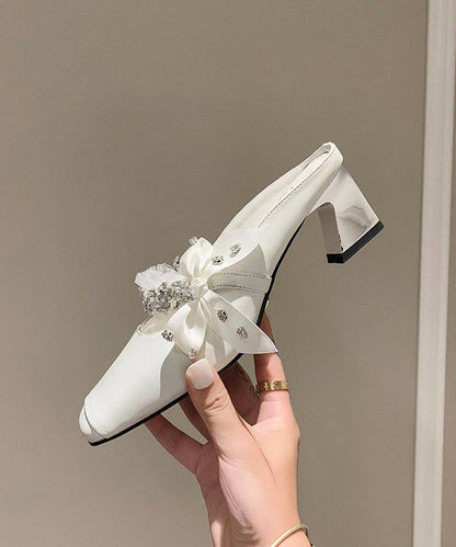 Sandals Bow White Stylish Slide Zircon Chunky Splicing