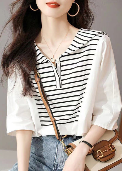 Stylish White Striped Sailor Collar Cotton Blouse Tops Summer BV014