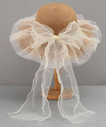 Stylish Floppy Sun Bow White Hat Straw Woven Tulle