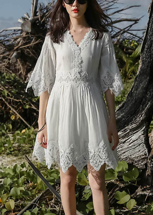 Mid Patchwork Stylish Half Dress Neck Lace Sleeve White V