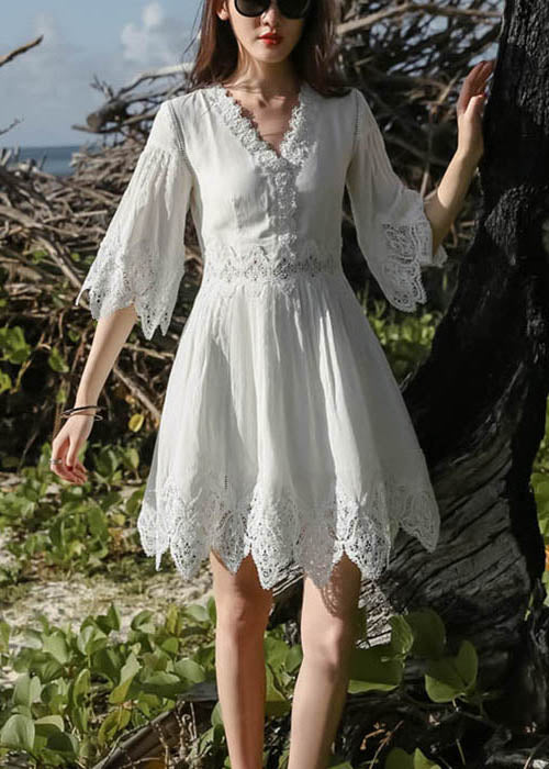 Mid Patchwork Stylish Half Dress Neck Lace Sleeve White V