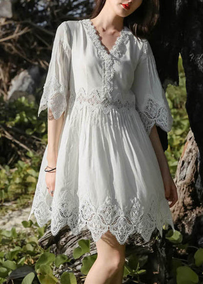 Mid Patchwork Stylish Half Dress Neck Lace Sleeve White V