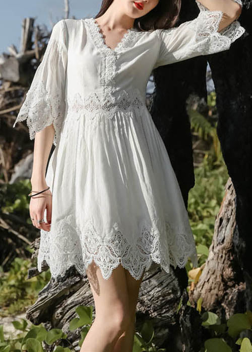 Mid Patchwork Stylish Half Dress Neck Lace Sleeve White V