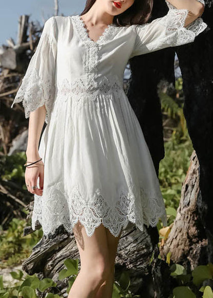 Mid Patchwork Stylish Half Dress Neck Lace Sleeve White V