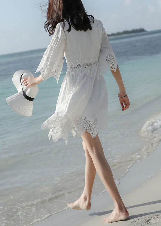 Mid Patchwork Stylish Half Dress Neck Lace Sleeve White V