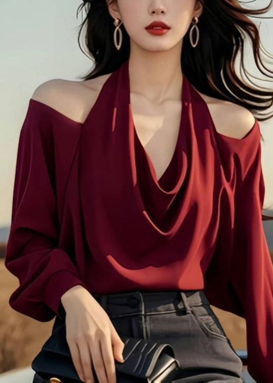 Stylish Wine Shoulder Spring Cold Tops Design Red Solid Original
