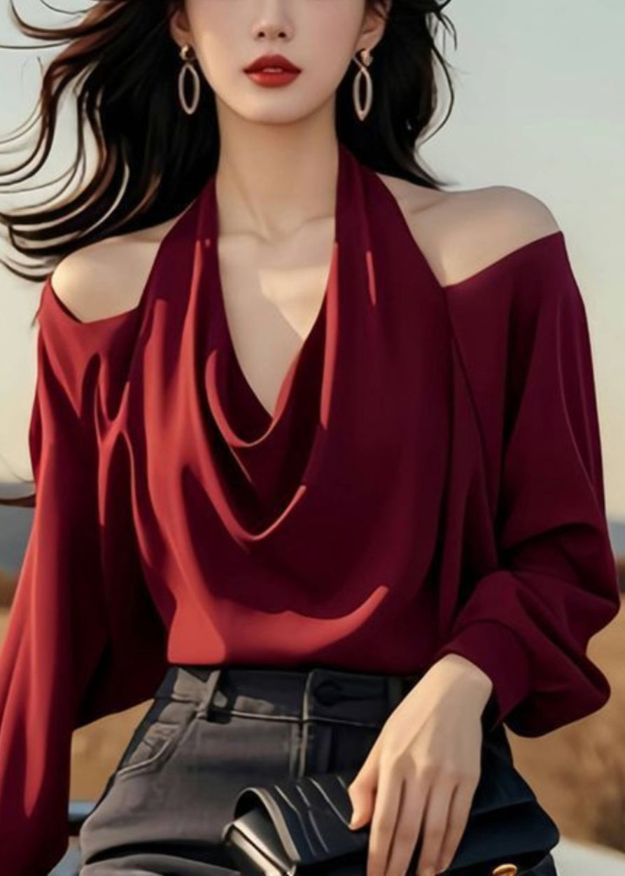 Stylish Wine Shoulder Spring Cold Tops Design Red Solid Original