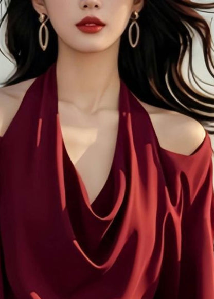 Stylish Wine Shoulder Spring Cold Tops Design Red Solid Original