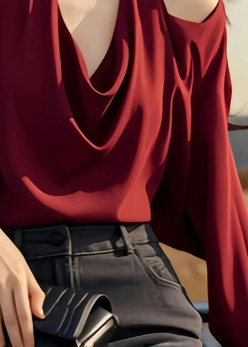 Stylish Wine Shoulder Spring Cold Tops Design Red Solid Original
