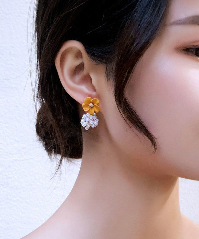 Floral Drop Alloy Yellow Earrings Stylish Pearl Tassel
