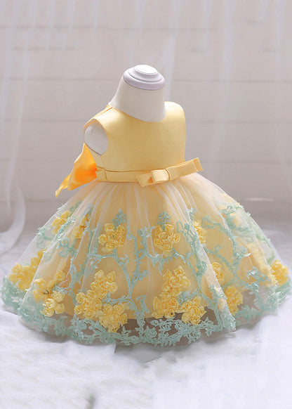 Stylish Yellow O-Neck Embroideried Floral Tulle Girls Long Dresses Summer YS031