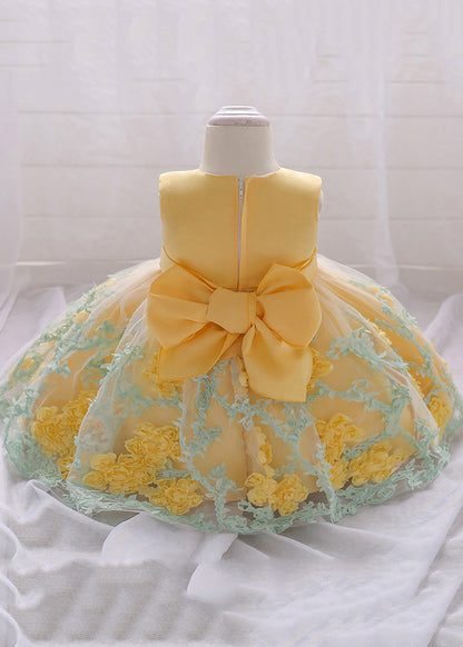 Stylish Yellow O-Neck Embroideried Floral Tulle Girls Long Dresses Summer YS031