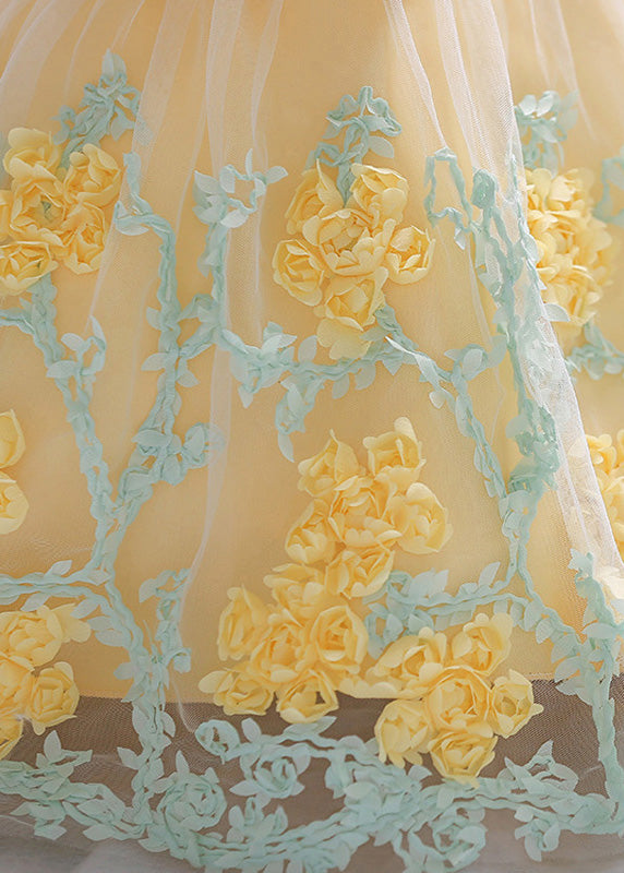 Stylish Yellow O-Neck Embroideried Floral Tulle Girls Long Dresses Summer YS031