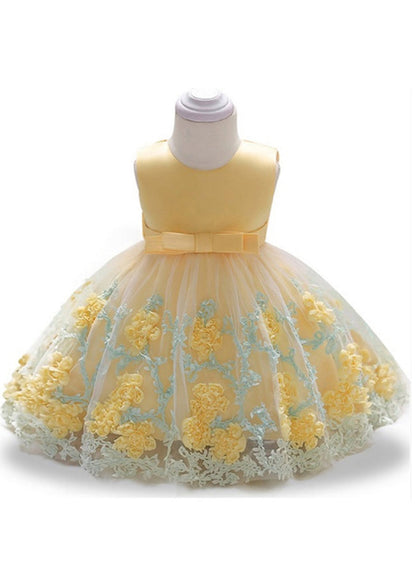 Stylish Yellow O-Neck Embroideried Floral Tulle Girls Long Dresses Summer YS031