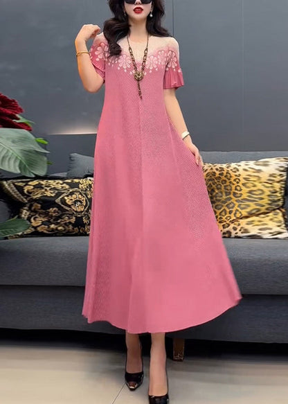 Yellow Cotton O-Neck Dress Stylish Print Summer Long