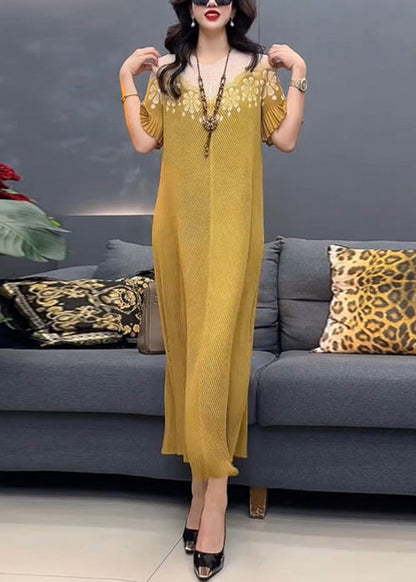 Yellow Cotton O-Neck Dress Stylish Print Summer Long