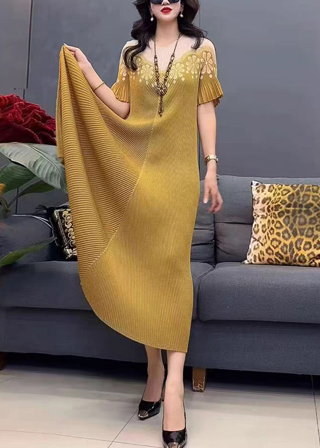 Yellow Cotton O-Neck Dress Stylish Print Summer Long
