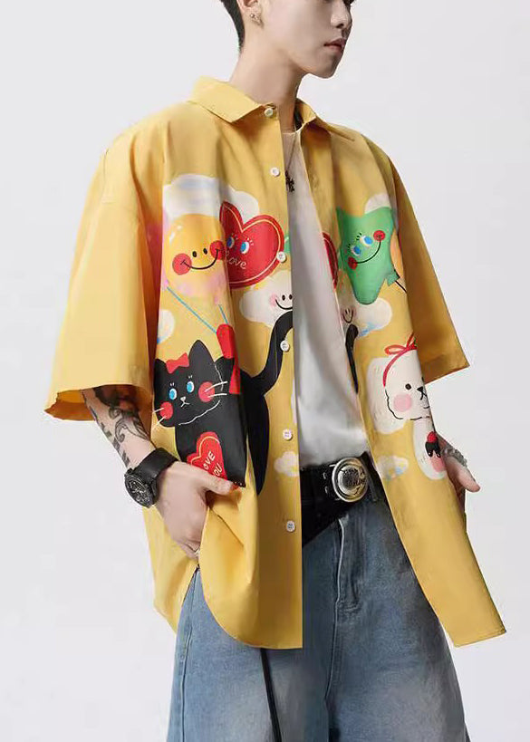 Mens Button Stylish Yellow Collar Shirts Cotton Peter Pan Print