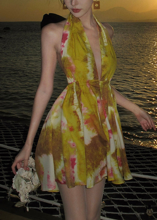 Chiffon Backless Yellow Print Up Lace Mini Dresses Stylish