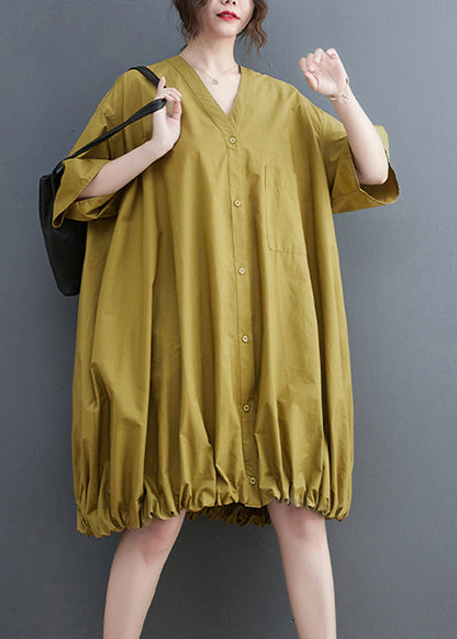 Stylish Yellow V Neck Drawstring Mid Dress Summer GH1028