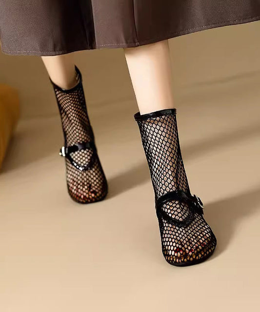 Breathable Zippered Boots Splicing Mesh Stylish Out Hollow Black