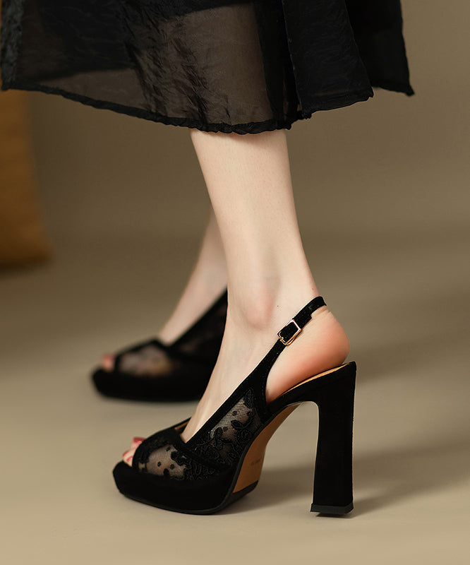 Heels Embroidered High Black Sandals Lace Fashion Suede