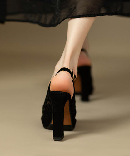 Heels Embroidered High Black Sandals Lace Fashion Suede
