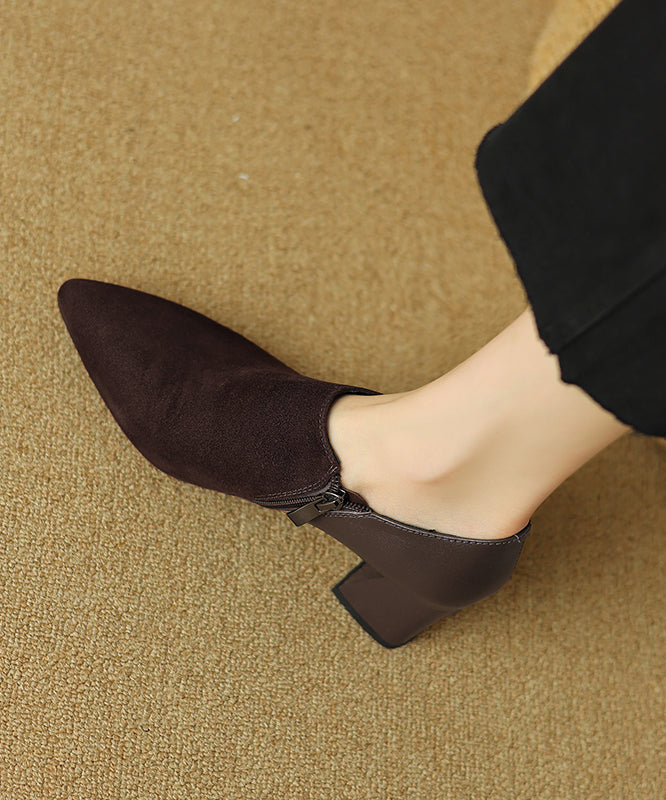 Suede Zippered Splicing Boutique Brown Chunky Heels Pointed Toe AP1021