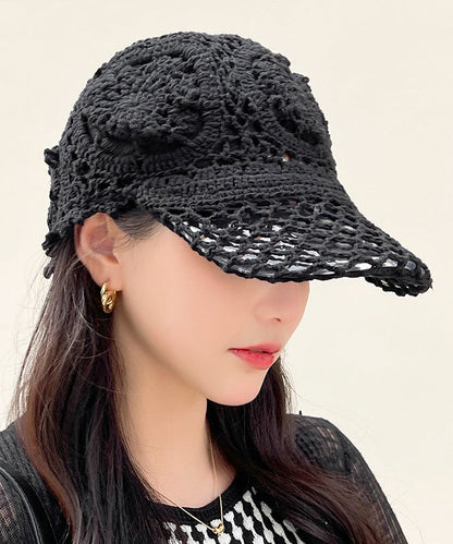 Chapeau d'été en tricot fin et creux avec fleur crochetée noire II052