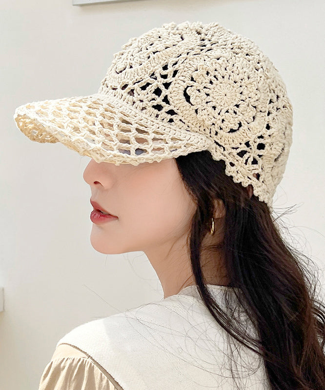 Chapeau d'été en tricot fin et creux avec fleur crochetée noire II052