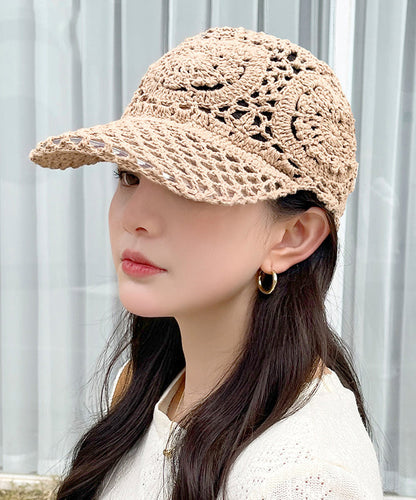 Chapeau d'été en tricot fin et creux avec fleur crochetée noire II052