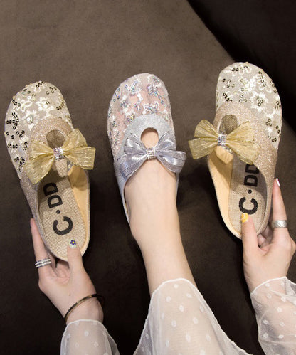 Summer Flat Mesh Bow Slide Gold Sandals New Breathable