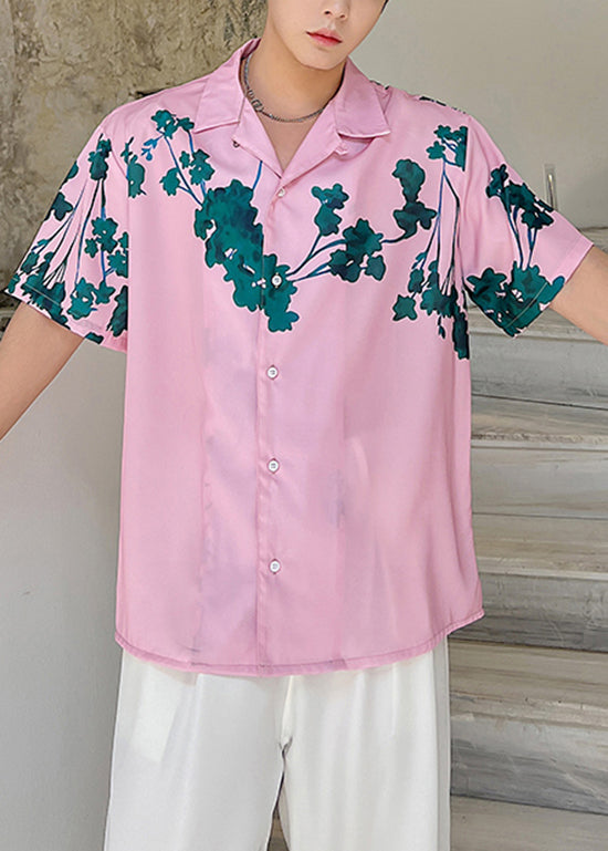 Summer Pink Short Sleeved Cuban Collar Men Hawaiian Shirts HG010