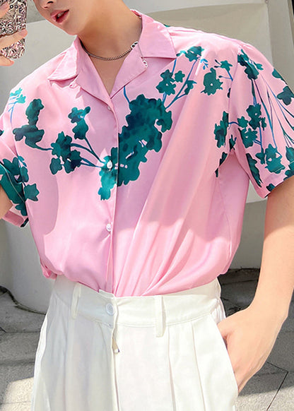 Summer Pink Short Sleeved Cuban Collar Men Hawaiian Shirts HG010