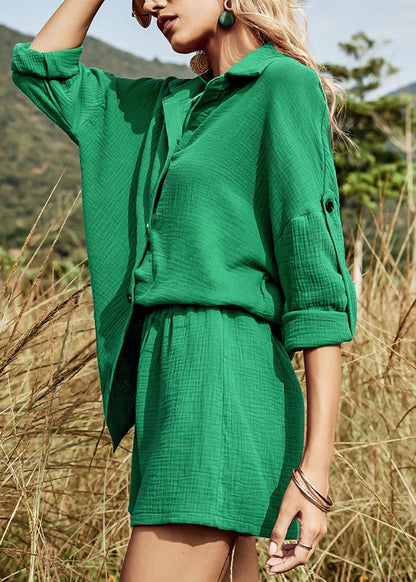 Tea Cotton Button Oversized Two Pieces Set Green Summer