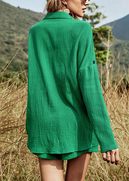 Tea Cotton Button Oversized Two Pieces Set Green Summer