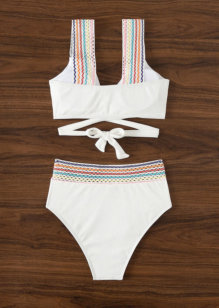 Trendy White Patchwork Backless Swimwear Two Pieces Set VC063