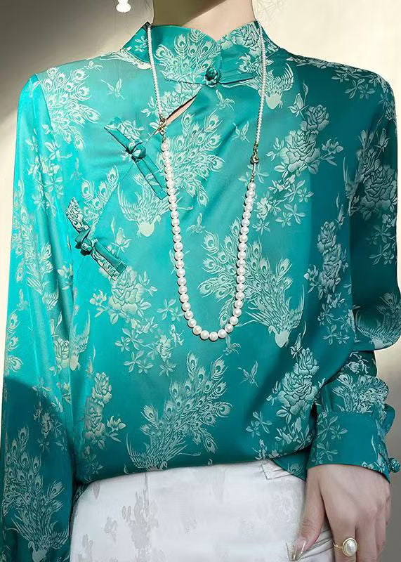 Turquoise Print Silk Shirt Stand Collar Fall AB1036