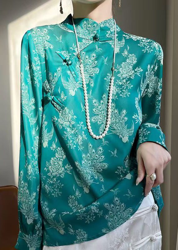 Turquoise Print Silk Shirt Stand Collar Fall AB1036