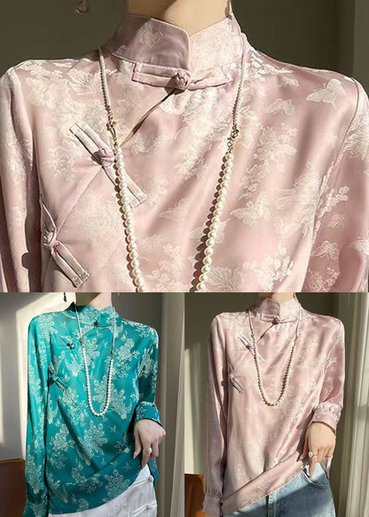 Turquoise Print Silk Shirt Stand Collar Fall AB1036