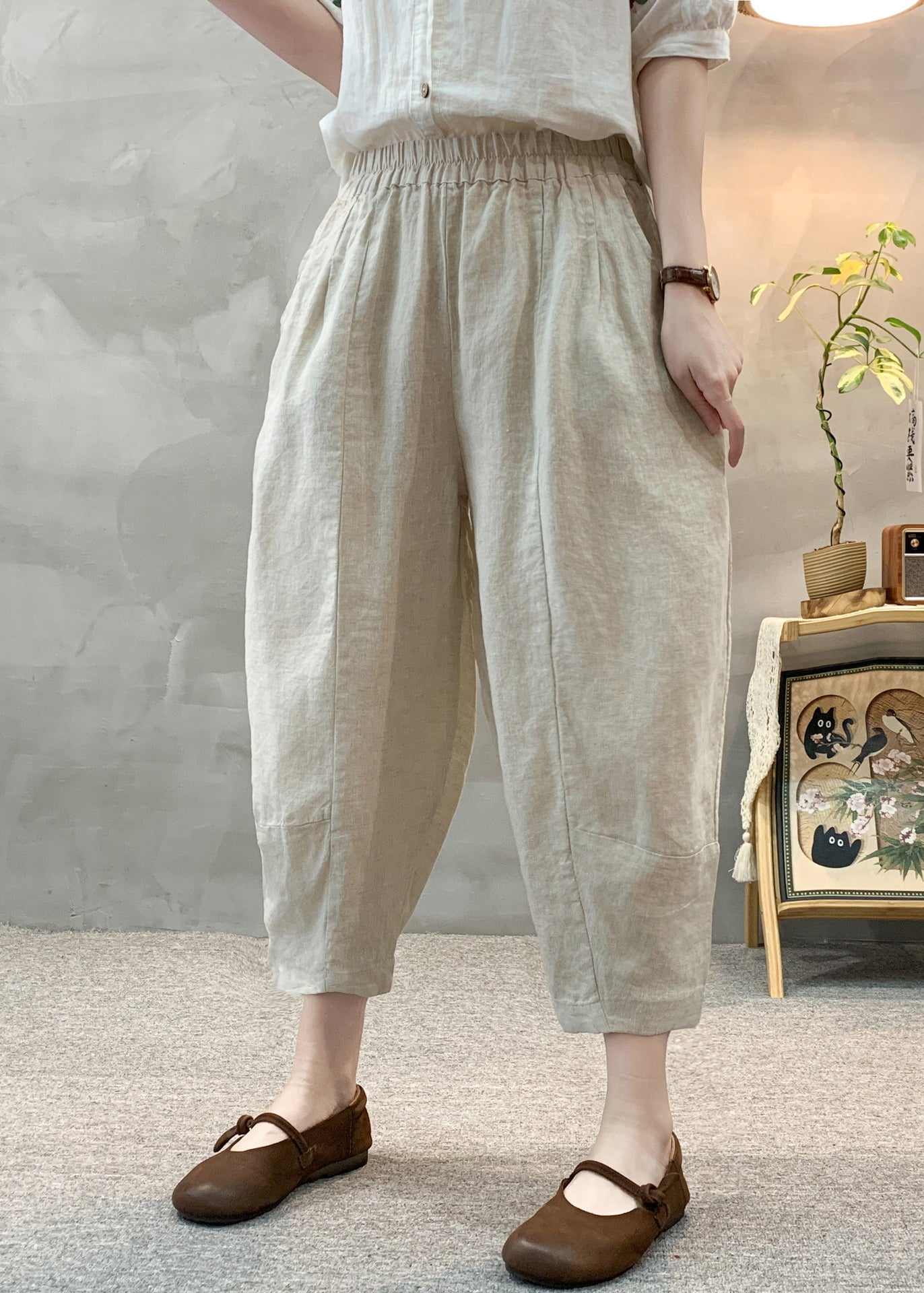 Oversized Crop Summer Apricot Unique Pants Linen
