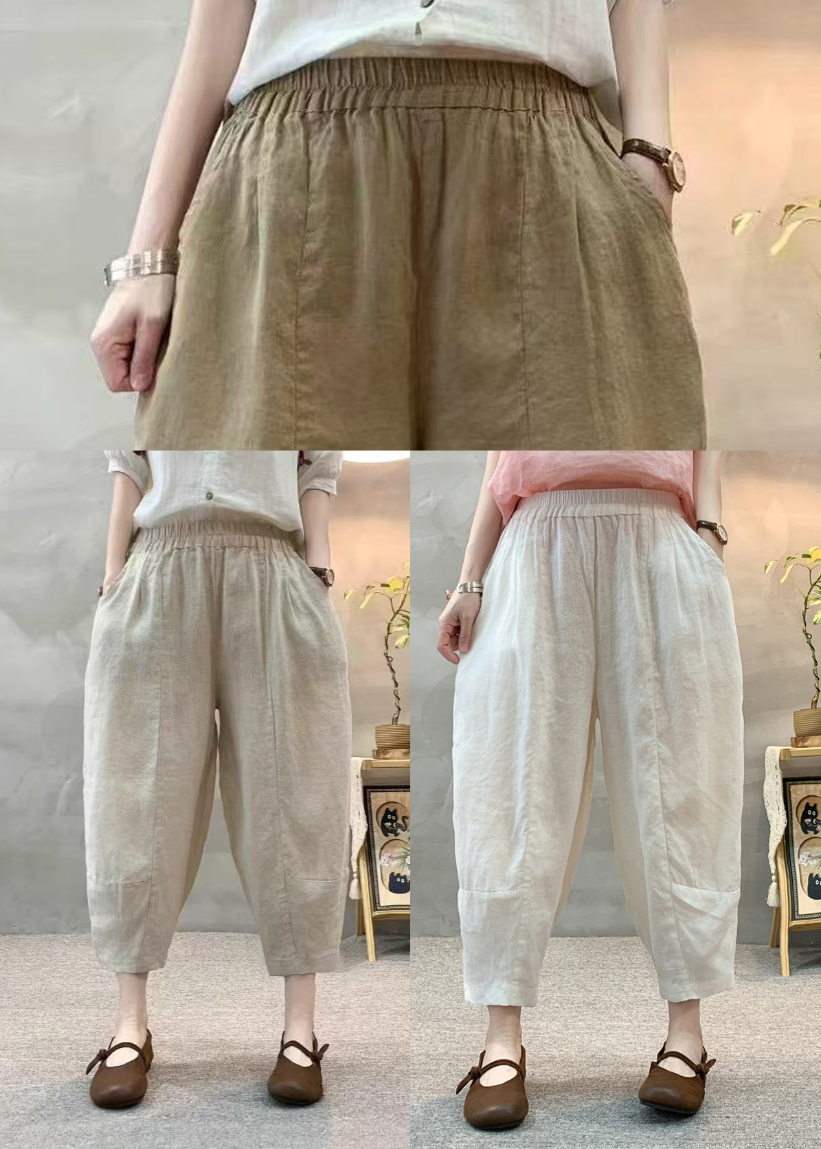 Oversized Crop Summer Apricot Unique Pants Linen