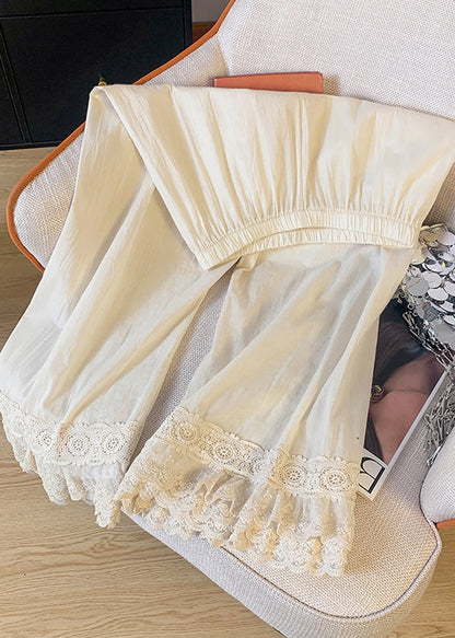 Unique Pants Patchwork Lace Elastic Straight Beige Summer Waist