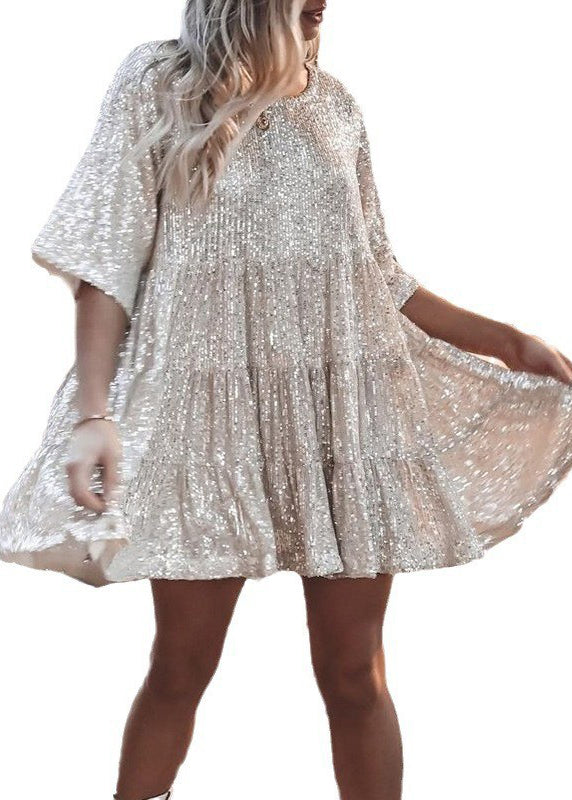 Mid Dress Summer Oversized Sequins Beige Unique