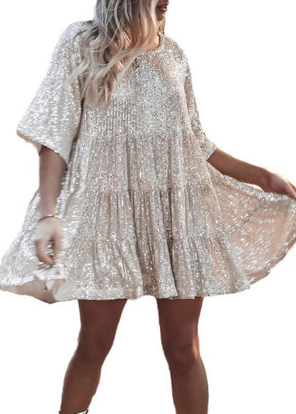Mid Dress Summer Oversized Sequins Beige Unique