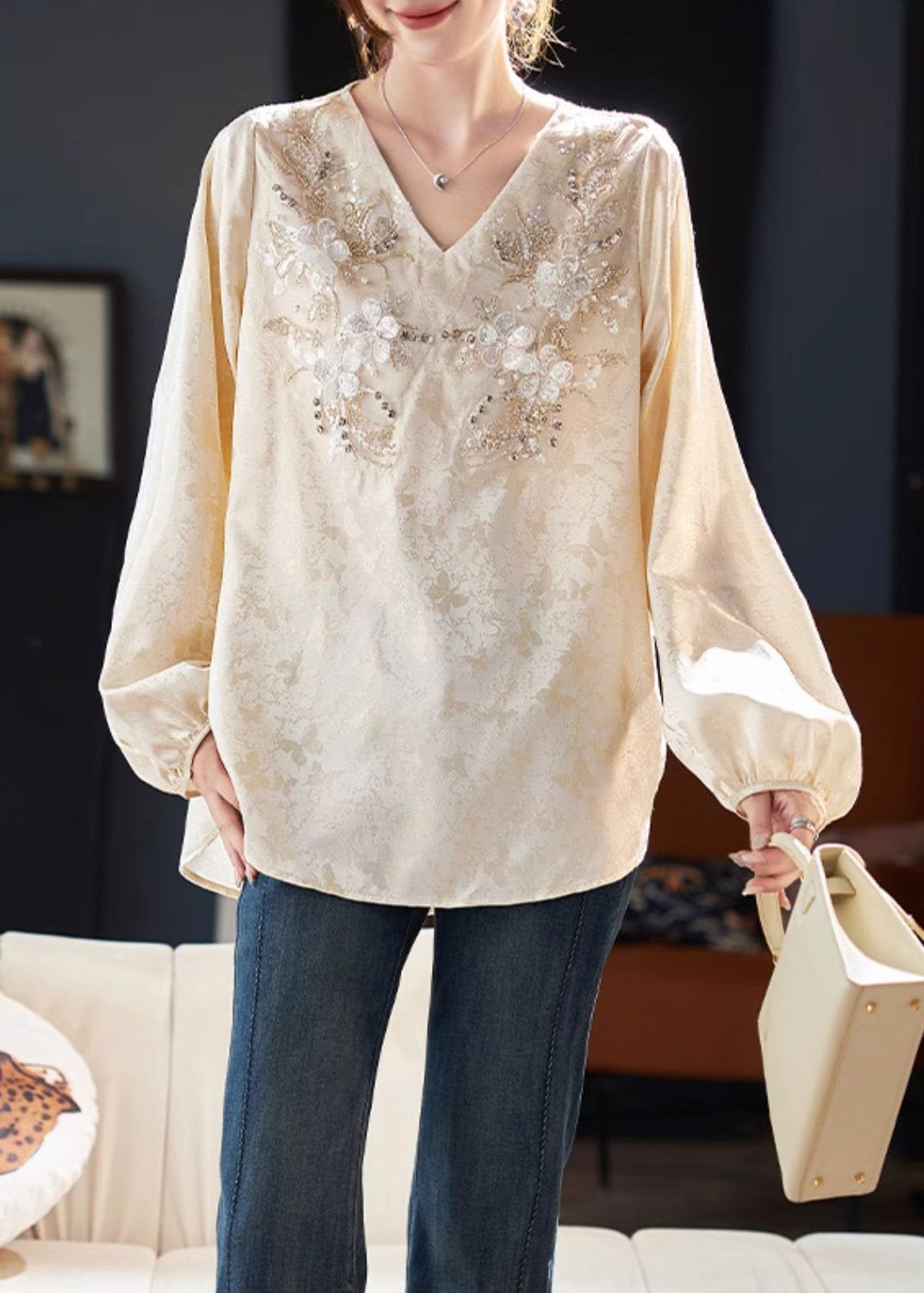 Chiffon Jacquard Unique Spring V Neck Shirt Zircon Beige Top